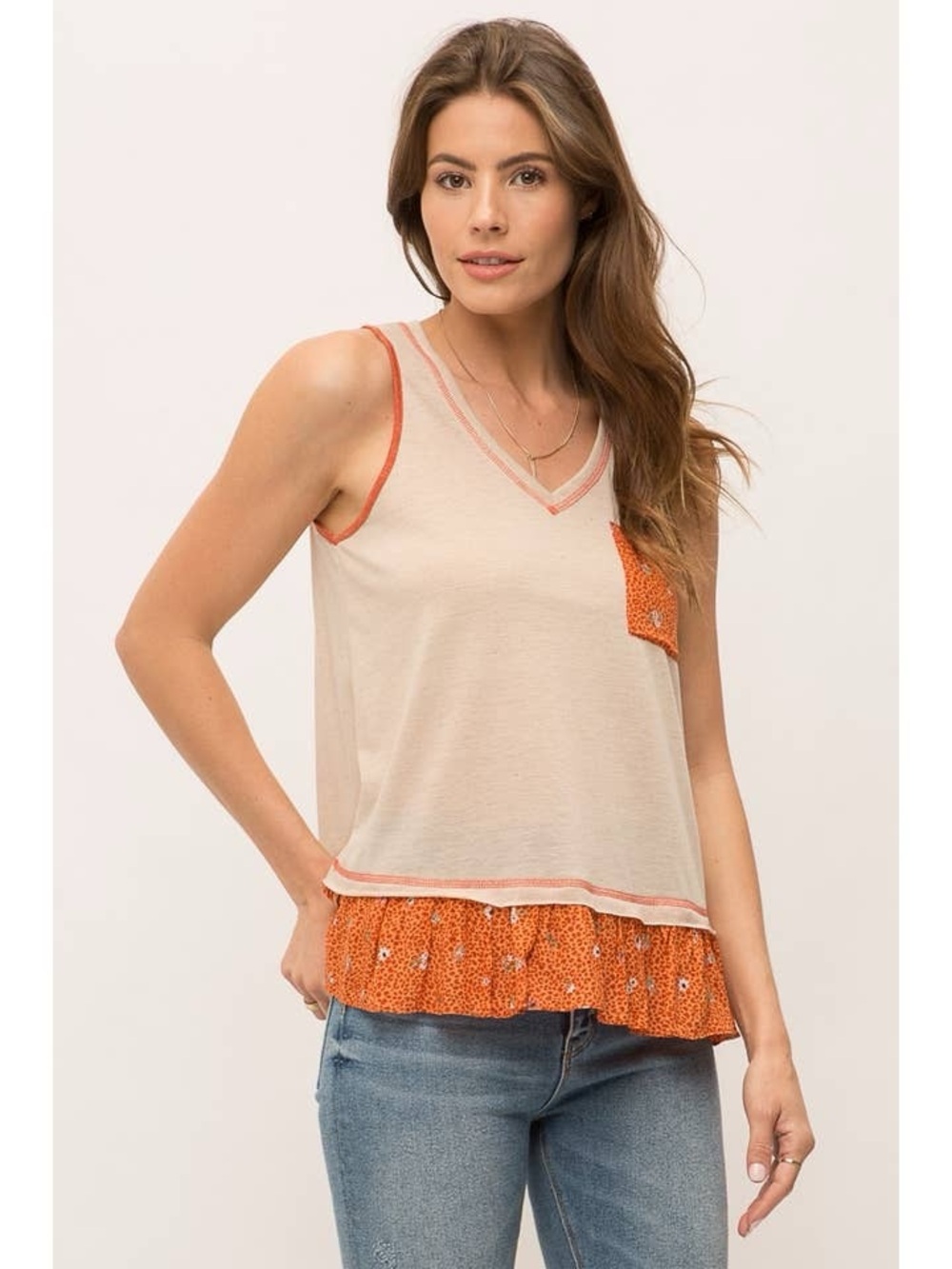 Mystree Sleeveless Tank Ruffle Hem V Neck Top Small Medium New